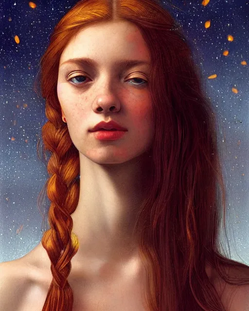 Prompt: a modern looking young woman, among the lights of golden fireflies and nature, long loose red hair, intricate details, green eyes, small nose with freckles, beatiful smiling face, golden ratio, high contrast, hyper realistic digital art by artemisia lomi gentileschi and caravaggio and artgerm.