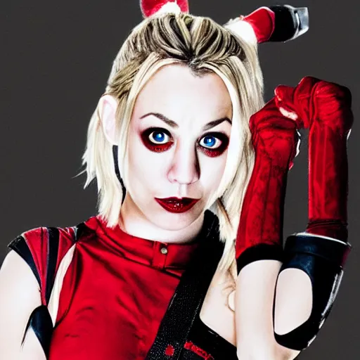 Image similar to A still of Kaley Cuoco as Harley Quinn