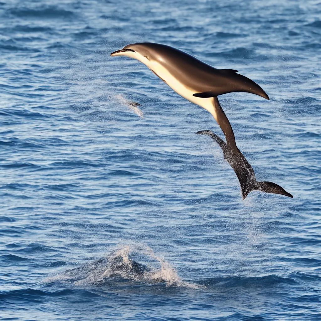 Prompt: majestic common dolphin leaping above a wave, golden hour, realistic photo