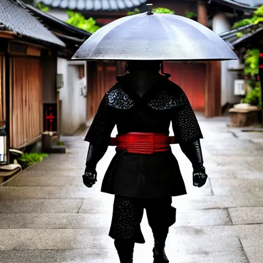 Image similar to keanue reeves wearing samurai armor walks in a street in a japanese village from 19th century in a star wars style, a x-wing is flying in the sky, rainy day, highly detailed, very highly detailed, 4k, photorealistic