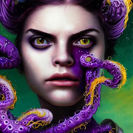 Image similar to detailed art portrait of a furious teen girl with thin, hair-like purple tentacles on her head and bright purple eyes, 8k,by tristan eaton, Stanley Artgermm,Tom Bagshaw,Greg Rutkowski,Carne Griffiths,trending on DeviantArt, face enhance,hyper detailed ,full of colour, dramatic light