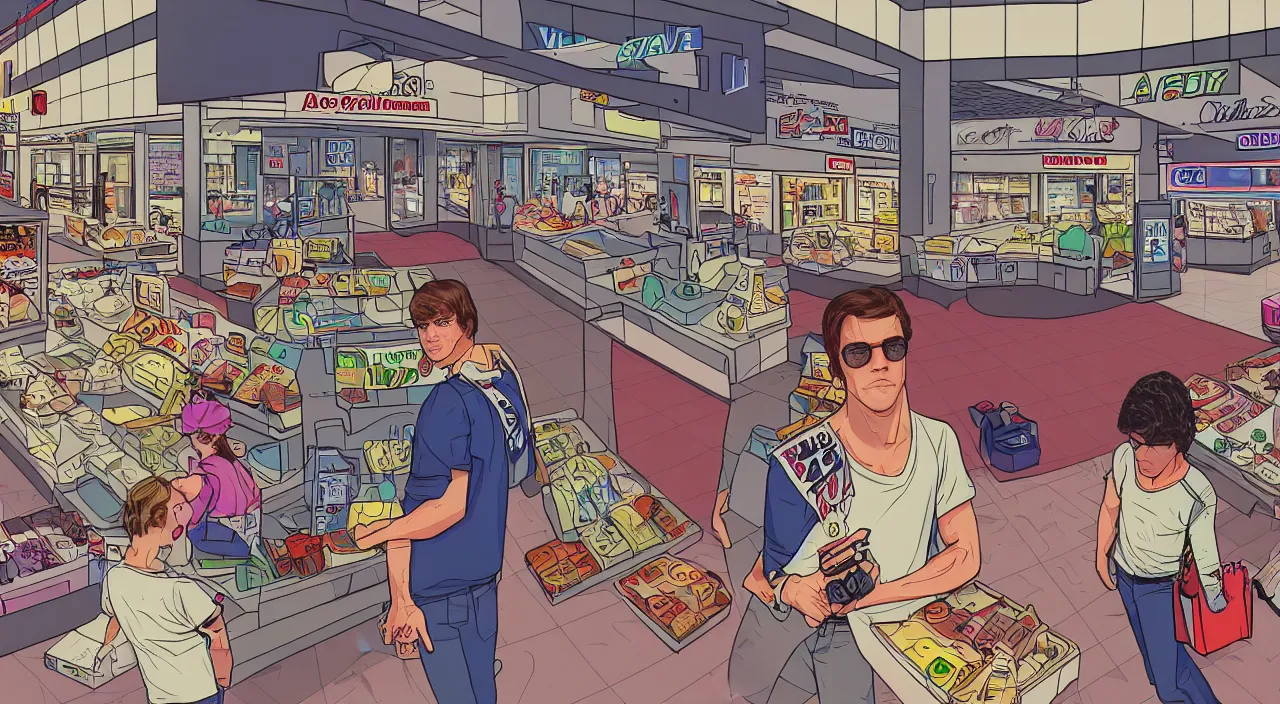 Prompt: GTA V illustration of 1980s nerdy white teenager on the cover of GTA V, in the food court of a 1980s shopping mall, wide angle lens, close up shot