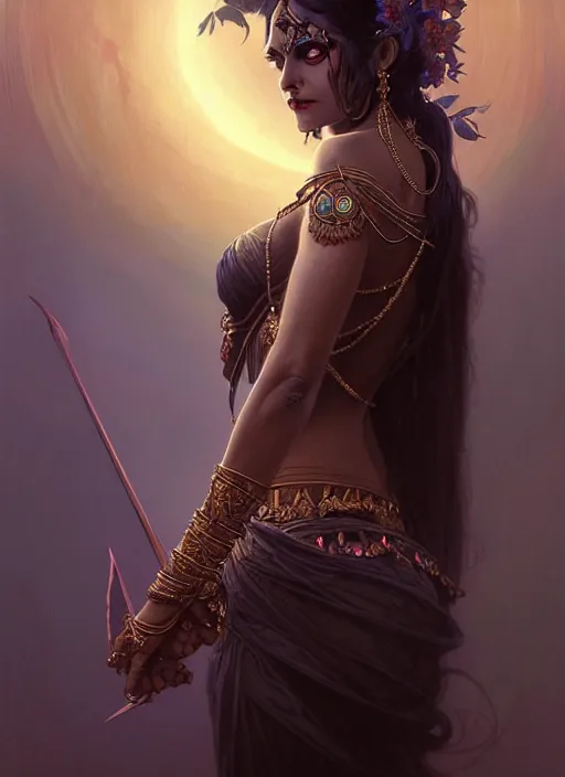 Image similar to a beautiful cinematic female kali goddess of death, fantasy landscape, fantasy magic,, dark light night, intricate, elegant, sharp focus, illustration, highly detailed, digital painting, concept art, matte, art by WLOP and Artgerm and Greg Rutkowski and Alphonse Mucha, masterpiece