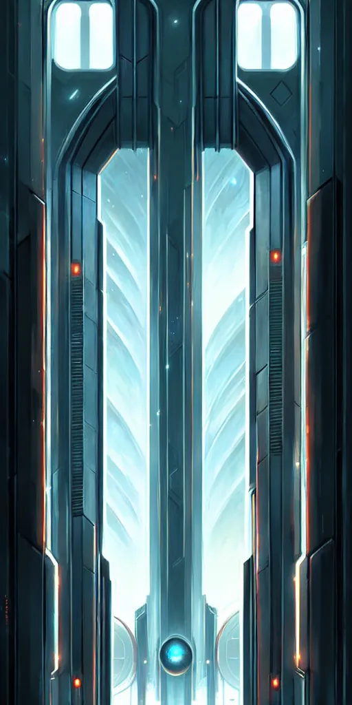 Image similar to hyper realistic art - deco sci - fi double door by jordan grimmer, darek zabrocki