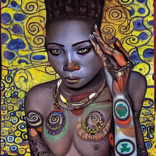 Image similar to ghost african women with tribal tatoo, klimt paint