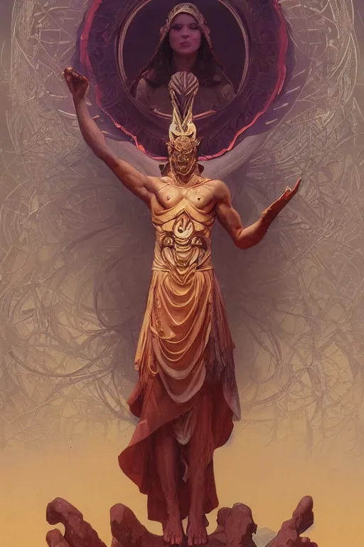 Prompt: anthropomorphic Sun-God, movie poster, cinematic lighting, intricate, rugged, ormal hands, normal legs, highly detailed, digital painting, artstation, smooth, sharp focus, illustration, art by artgerm and greg rutkowski and alphonse mucha and Wayne Barlowe and william-adolphe bouguereau