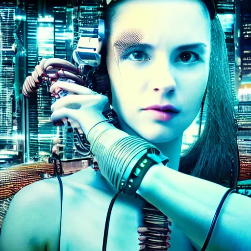 Prompt: a woman stealing a young woman's dreams from her head, cyberpunk, cybernetic implants, wires, cables,