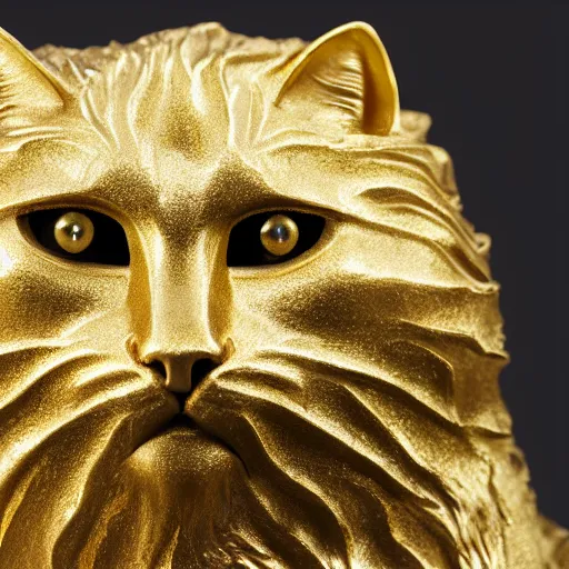 Prompt: A realistic sculpture of a regal cat made of gold, fine detail, hyperrealistic, XF IQ4, f/1.4, ISO 200, 1/160s, 8K, RAW, unedited, in-frame, sharpened