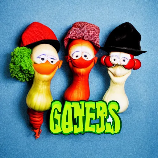 Prompt: gangster rappers the Onion Heads and Celery Foot gang. Each gang can be distinguished by wearing their colours and onion heads and celery feet. Award winning photography