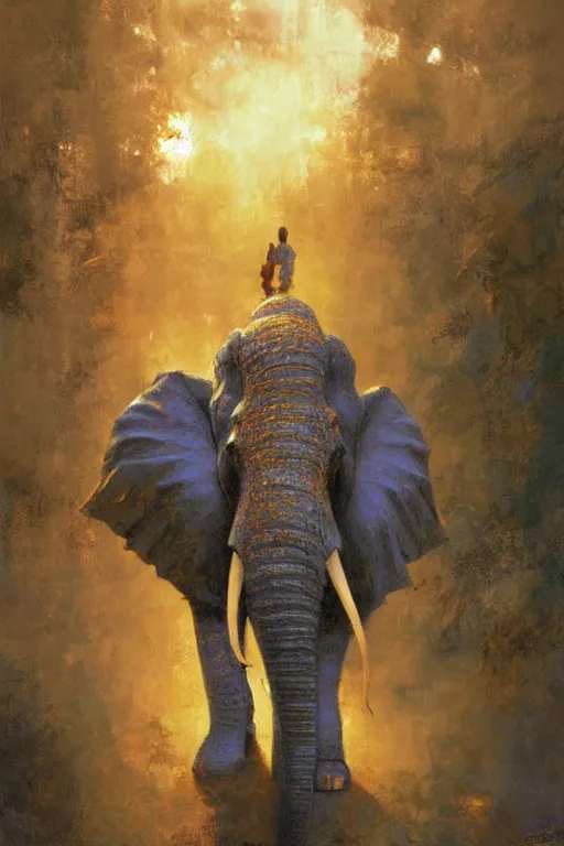 Image similar to spiritual twin flame elephant art, dusk hue, highly detailed, oil painting, by craig mullins