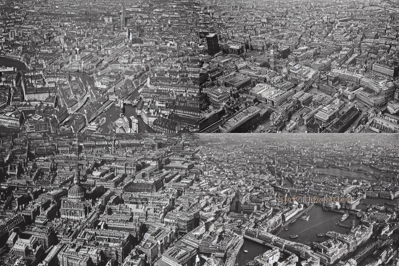 Prompt: aerial shot of London, 16mm Kodachrome photograph circa 1960