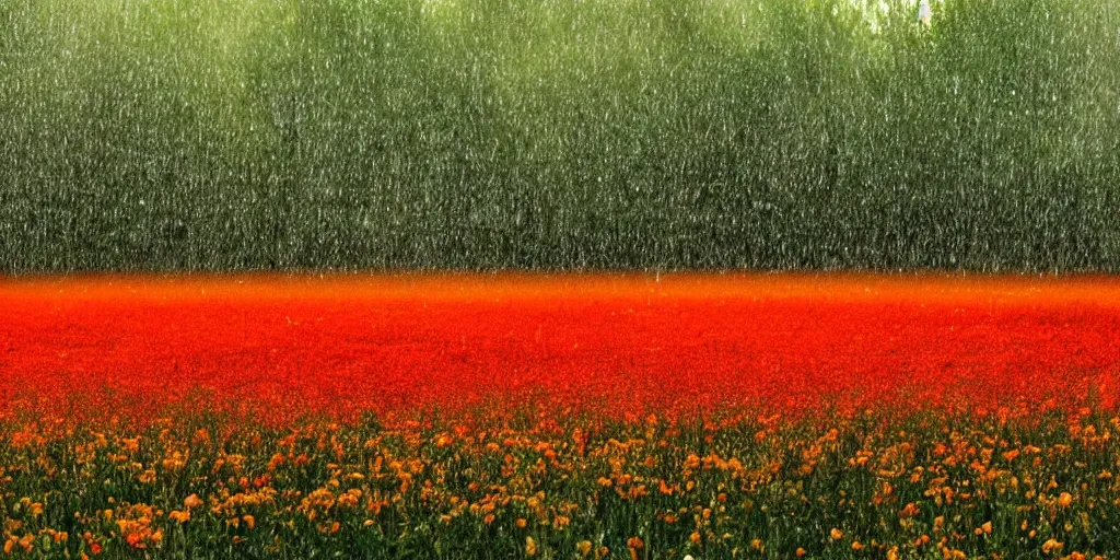 Prompt: a beautiful flower field made of fire in rain, professional photography