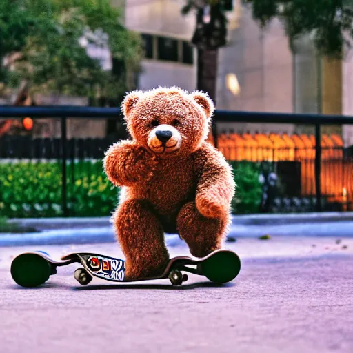 Prompt: Award winning 35mm color photography, of a teddy bear on a skateboard, doing a kick flip off the sidewalk, in downtown Tampa Fl, detailed, balanced composition