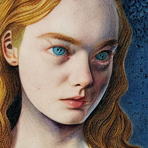 Prompt: Elle Fanning, head and shoulders masterpiece, apocalypse, golden hour, cosmic horror, artstation, in the style of William Blake and Edward Hopper and Bosch, extremely detailed