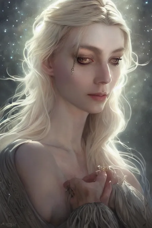 Image similar to realistic portrait of a beautiful white witch, crafting spells, bright witch, beautiful face, fantasy, chaos, magic, dark magic, dramatic lighting, intricate, wild, highly detailed, digital painting, artstation, concept art, smooth, sharp focus, illustration, art by artgerm and greg rutkowski and alphonse mucha, footage from space camera