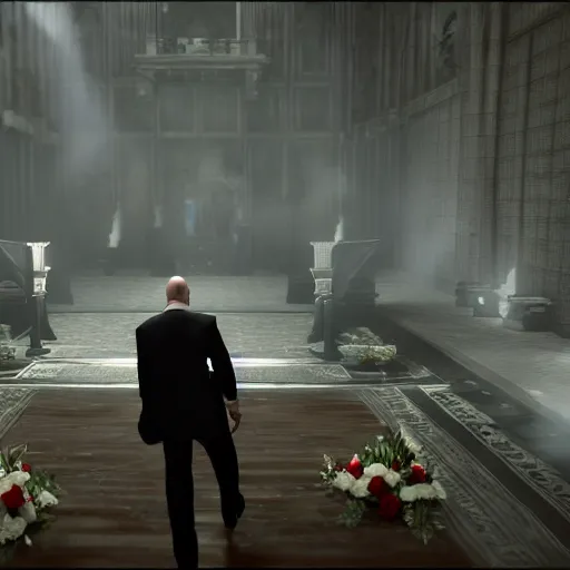 Image similar to agent 4 7 crashing his own funeral, hitman, unreal engine 5, 4 k, anti aliasing