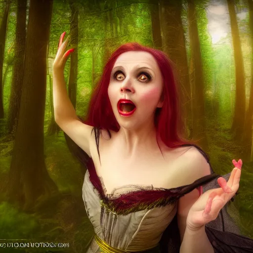 Prompt: gorgeous witch surprised and excited because she can cast a spell, magic, comedy , fantasy, D&D, HDR, natural light, award winning photograph, 8k, Mucha style,