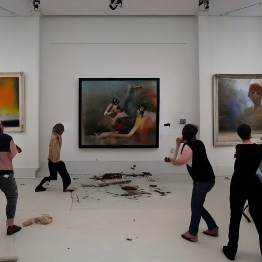 Image similar to a group of people wrecking an art gallery because they don’t agree with the art that is being shown