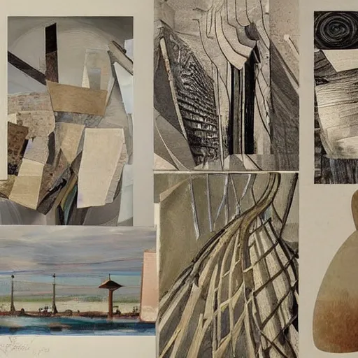 Image similar to a variety of shapes and textures. The collage is full of movement and energy, and the viewer can find new details with each look. by Santiago Calatrava, by Isaac Levitan earthy, extemporaneous