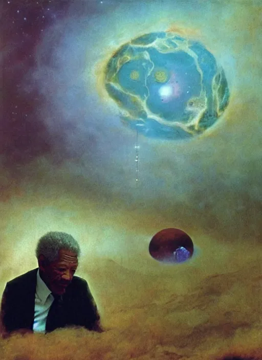 Prompt: Morgan Freeman exploring the space as creator of the world, overview in style of beksinski