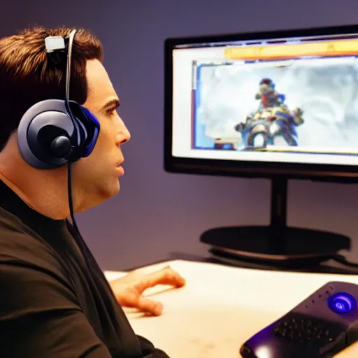 Image similar to obese John Travolta wearing a headset yelling at his monitor while playing WoW highly detailed wide angle lens 10:9 aspect ration award winning photography