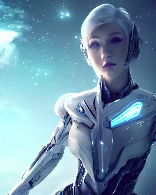 Image similar to photo of a beautiful girl on a mothership, android, warframe armor, pretty face, scifi, futuristic, galaxy, raytracing, dreamy, perfect!!!, cosmic wind, pure, white hair, blue cyborg eyes, glow, insanely detailed, artstation, innocent look, art by gauthier leblanc, kazuya takahashi, huifeng huang