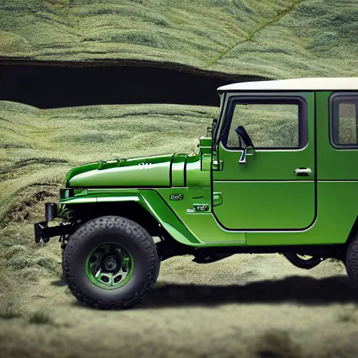 Image similar to closeup of a green Toyota Fj43 build in 1981, traveling through the mountains, black roof, with a roof rack, detailed, 8K, octane render, 8K,