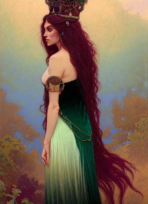 Image similar to ombre velvet gown, emerald, feathers, lovely bohemian princess, portrait, long hair, tiara, dozens of jeweled necklaces, feral languid woman, by greg rutkowski, brom, anato finnstark, alphonse mucha