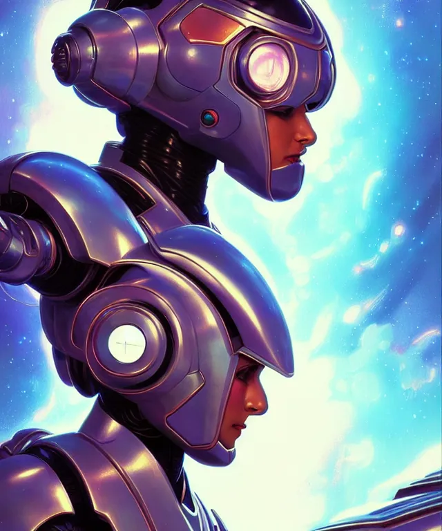 Prompt: futuristic synthwave megaman X portrait, sci-fi steampunk, fantasy, intricate, elegant, highly detailed, digital painting, artstation, concept art, smooth, sharp focus, illustration, art by artgerm and greg rutkowski and alphonse mucha