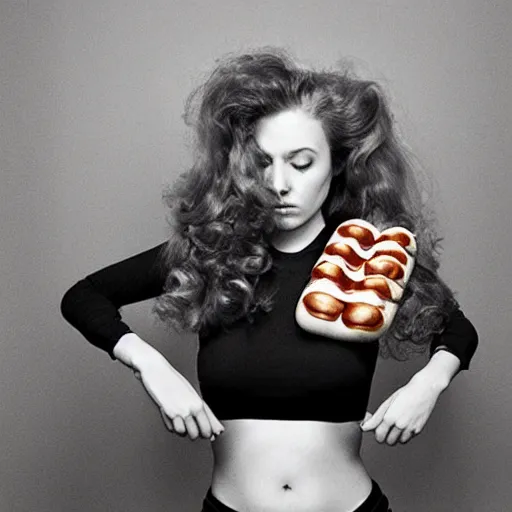 Image similar to a fashion model curls her hair using hot dogs. surreal photograph, toiletpaper magazine, 3 5 mm photograph, by pierpaolo ferrari, maurizio cattelan