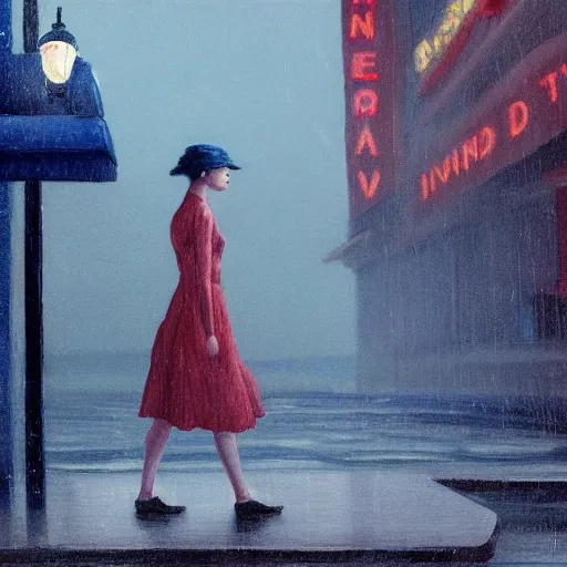 Image similar to Elle Fanning lost at sea at night in the world of Edward Hopper, stormy snowy weather, streetlights, extremely detailed masterpiece, oil on canvas, low-key neon lighting, artstation, Blade Runner 2049, Roger Deakin’s cinematography, by J. C. Leyendecker and Peter Paul Rubens,