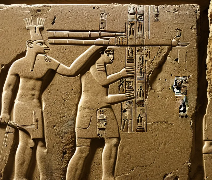 Image similar to ancient egyptian relief of a man shooting a bolt action rifle