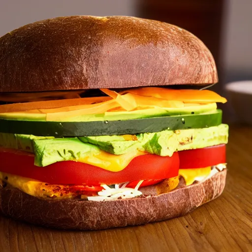 Prompt: sandwich breath that inside has tofu, tomato, onion, avocado and cheddar, over a dish and over a table, sunset background with saturn in the sky, studio photo, amazing light