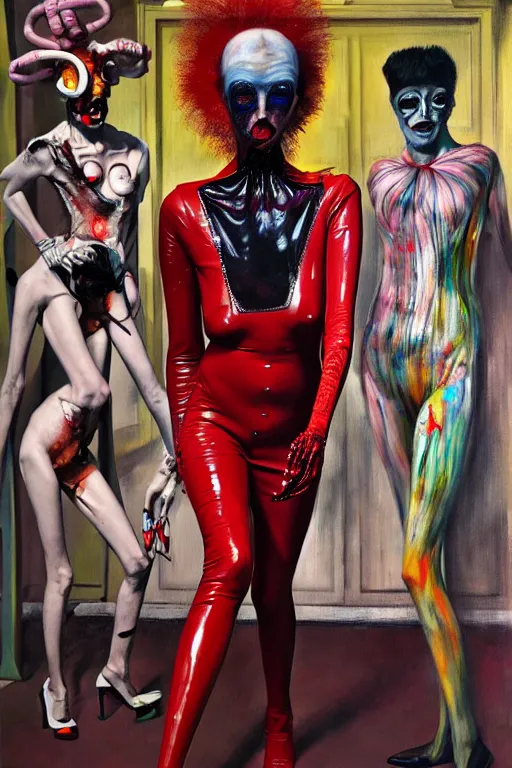 Image similar to crazy fashion catwalk, latex, constructivism, freak show, one model, crazy clothes, biopunk style, horror, hauntingly surreal, highly detailed painting by francis bacon, edward hopper, adrian ghenie, gerhard richter, and james jean 4 k