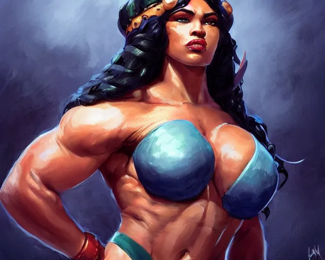 Prompt: portrait of illaoi from league of legends as a beautiful female bodybuilder amazon with plump lips, elegant, fantasy, hd shot, digital portrait, beautiful, artstation, comic style, by artgerm, guy denning, jakub rozalski, magali villeneuve and charlie bowater