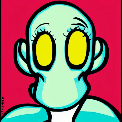 Prompt: cartoon pop art style, strong chin, handsome squidward portrait, vivid colors