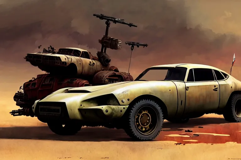 Image similar to dieselpunk mad max studebaker avanti with guns installed, painted by greg rutkowski makoto shinkai takashi takeuchi studio ghibli, akihiko yoshida