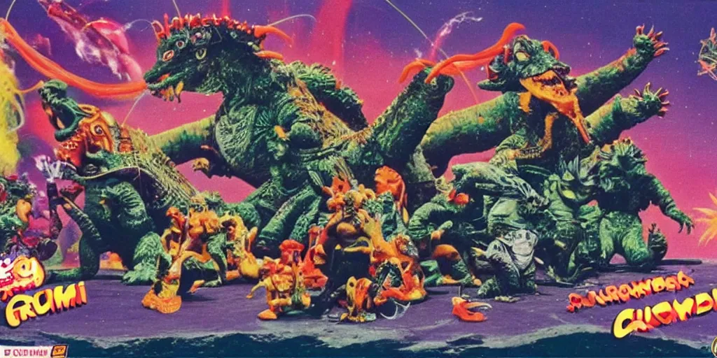 Image similar to Hindu Gremlin Godzilla Space Cowboys, catalogue photography, exciting toy commercial circa 1992