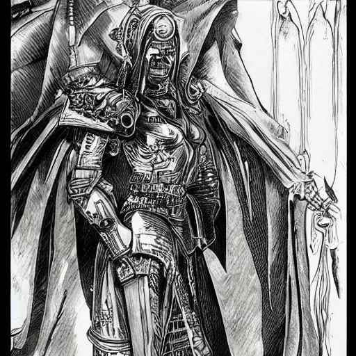 Image similar to a beautifully detailed warhammer 4 0 k portrait of angela merkel as inquisitor. pen and ink by moebius.