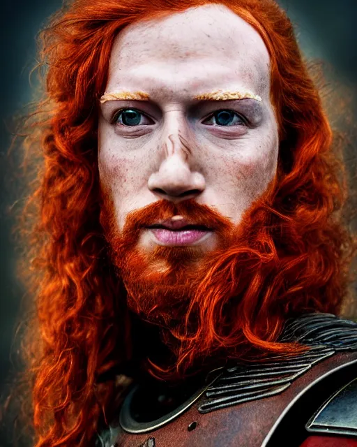 Image similar to northern Mark Zuckerberg warrior, red hair, ginger hair, long hair, fantasy, Viking, high detailed, photography, cloudy, lightweight leather armour, Scandinavia, plain, detailed face, beautiful face, look into the distance, professional model, glowing skin, serious face, full body, professional photographer, masterpiece, 50 mm, 8k, 3D