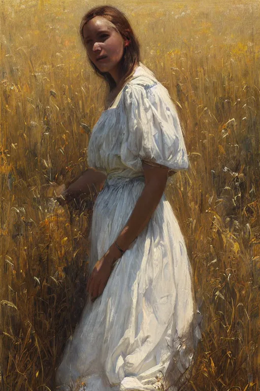 Image similar to Solomon Joseph Solomon and Richard Schmid and Jeremy Lipking painting full length portrait painting of a young woman in the hayfield