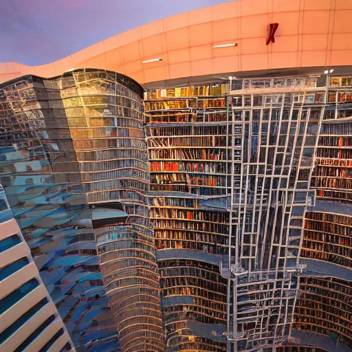 Image similar to Wide angle lens photograph of the tallest bookstore in the world at sunset