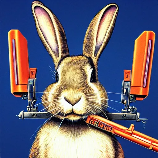 Prompt: portrait of rabbit with UV neon fur holding a machine gun , 8k, highly detailed, sharp, realistic, in style of Brom