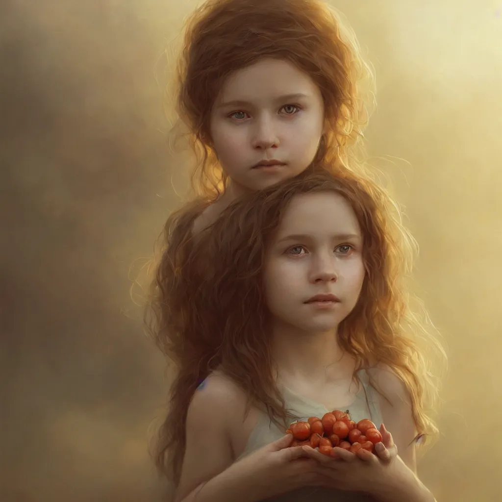 Prompt: Beautiful aesthetically pleasing female child portrait, face centered portrait, Confident holding vegetables, fog, volumetric lighting beautiful, golden hour, sharp focus, ultra detailed, conceptartworld by Leesha Hannigan, Ross Tran, Thierry Doizon, Kai Carpenter, Ignacio Fernández Ríos