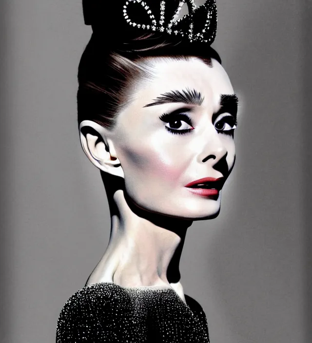 Image similar to dynamic facial portrait photography of seductive actress audrey hepburn wearing an extraordinary dress by designer iris van herpen. accent lighting, dark background, highly detailed, photography by paolo roversi, nick knight, helmut newton, avedon, araki