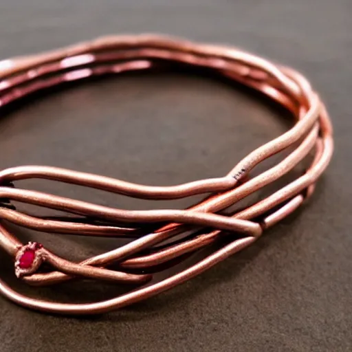 Prompt: 22 gauge copper wore bracelet entwined with rubies