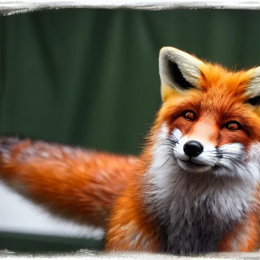 Image similar to portrait of a realistic fox fursuiter at a furry convention, indoors, realisitc photo