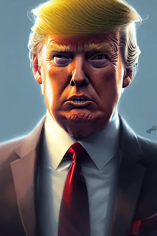 Image similar to Trump with light beard, curly hair, modern, hero, wearing a suit, highly detailed, digital painting, artstation, concept art, sharp focus, illustration, by greg rutkowski