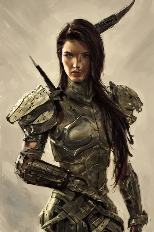 Image similar to a professional portrait of an attractive young woman, clothed in military-style battle armor, olive skin, long dark hair, beautiful bone structure, symmetrical facial features, intricate, elegant, digital painting, trending on Artstation, concept art, smooth, sharp focus, illustration, finely detailed, from Metal Gear by Ruan Jia and Mandy Jurgens and Artgerm and William-Adolphe Bouguerea, award winning