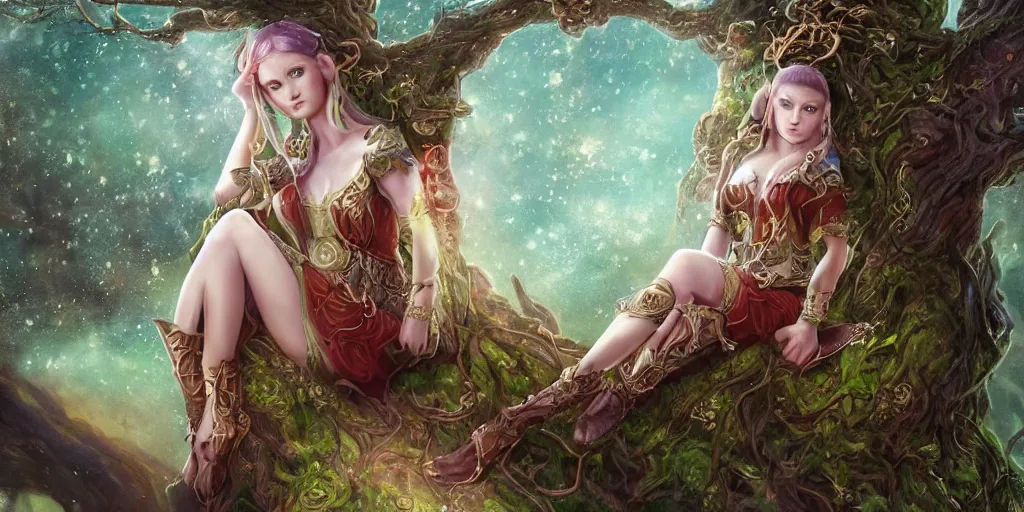 Prompt: alluring highly-res photo an attractive young elf woman (with a face of iceland young lady) sitting on top of giant tree in her tree city, clothed in a chesty fantasy outfit, intricate, elegant, highly detailed, digital painting, trending on Artstation, concept art, smooth, sharp focus, colorful, illustration, in the style of artgerm and greg rutkowski and alphonse mucha